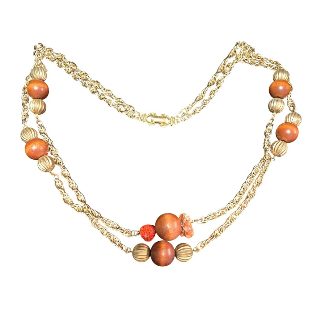 Vintage Coro Double-Strand Goldtone Wood and Coral Beaded Long Station Necklace